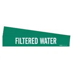 Green adhesive pipe marker with white legend reading 'Filtered Water'. Designed for pipes with outer diameter 2-1/2 to 7-7/8 inches. Pack of 5 markers without arrows. Used to identify filtered water lines in piping systems.