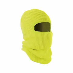 This ERGODYNE balaclava is made of acrylic with a stretch-knit construction for a universal fit. It covers the neck and is lime-colored with a solid pattern for high visibility. Suitable for outdoor work in low-light conditions, it provides warmth and visibility without a lining.