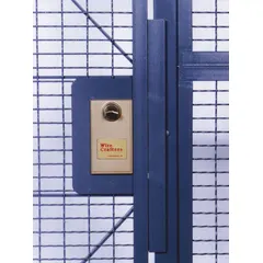 Bolt-on door locks and latches for wire partition hinged doors. Set includes two turn knobs and a lock plate. Constructed of unfinished steel with a gold finish. Used for latching industrial enclosures, security cages, and storage areas.