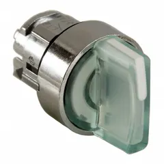 This illuminated selector-switch operator from the SCHNEIDER Series XB4 features three positions with a maintained/maintained/momentary action. It has a metallic switch bezel and is designed for 22 mm panel mounting. No cam is included. Typical applications include machine mode selection and process control in industrial environments.