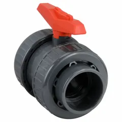 This 3-inch PVC ball valve features a two-piece straight body with socket x socket connections and a Tee handle. It is used for on/off flow control in industrial piping systems handling water, chemicals, or corrosive fluids. Typical applications include water treatment, chemical processing, and irrigation.