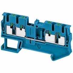 DIN rail mount pass-through block with push-in wire termination. Four wire terminals rated for 20 A, accepting minimum 24 AWG wire. Used for connecting and distributing electrical signals in control panels and automation systems.