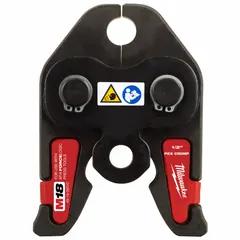 Steel press jaw for crimping 1/2 in PEX pipe onto ASTM F1807/F2159 fittings. Compatible with standard and extended press tools. Used in plumbing, radiant heating, and hydronic systems.