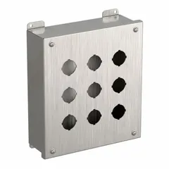 This 304 stainless steel enclosure is designed to house and protect 30mm push button operators in washdown and corrosive environments. It features nine holes and is rated NEMA 3R/4/4X, making it suitable for applications requiring resistance to water, dust, and corrosion.