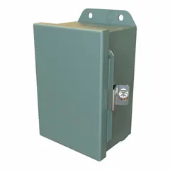 This steel enclosure measures 6 x 4 x 3 inches and features a solid hinged cover secured by clamps. Rated NEMA 12/13/3R/4, it provides protection against dust, falling dirt, rain, sleet, and hose-directed water for indoor or outdoor use. Knockouts are not included.