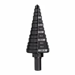 Step drill bit made from black oxide high-speed steel, covering hole sizes from 5 mm to 32.5 mm. Features a 3-flats shank to prevent slipping in the chuck. Used for drilling clean, burr-free holes in thin materials such as sheet metal, plastic, and drywall, common in electrical, HVAC, and maintenance applications.