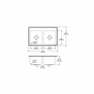 JUST MANUFACTURING Drop-In Sink: 33 in Overall Lg, 21 1/4 in Overall Wd, 10 1/8 in Bowl Dp - Two-Bowl Counter-Mounted Kitchen & Bar Sinks without Faucets