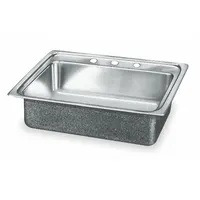 This ELKAY sink is a one-bowl counter-mounted model for kitchen or bar use, designed for drop-in installation. It has an overall width of 19 1/2 inches, a bowl depth of 7 1/2 inches, and a bowl length of 18 inches. The sink is supplied without a faucet and belongs to the Silver/Gray color family