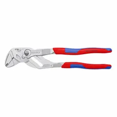 Flat-jaw tongue and groove pliers with push-button adjustment and smooth jaws. Jaw width 3/8 in, max opening 2 in, overall length 10 in. Used for gripping and turning pipe collars, fittings, and fasteners in plumbing and mechanical work.