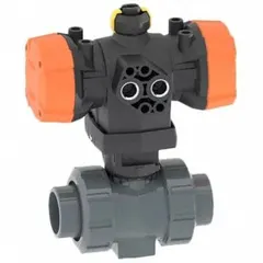 This pneumatically-actuated two-way ball valve features a PVC body with socket x socket ends and a two-piece design. It is suited for automated on/off flow control in industrial piping systems handling corrosive fluids, water treatment, and chemical processing. The valve does not include a pilot solenoid voltage.