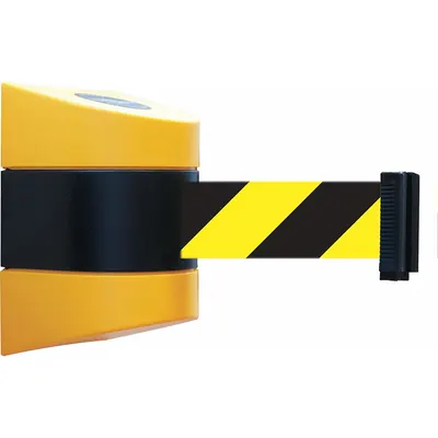 TENSABARRIER Retractable Belt Barrier: Fixed Mounting Plate, 30 ft Belt Lg, Pattern - Wall-Mount Retractable Belt Barriers