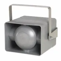 Electronic siren producing siren sound for audible alerting. Operates on 120 to 240V AC. Suitable for indoor or outdoor use in industrial signaling applications such as plant safety, emergency evacuation, or process alarms. Gray housing