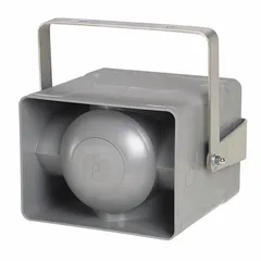 Electronic siren producing siren sound for audible alerting. Operates on 120 to 240V AC. Suitable for indoor or outdoor use in industrial signaling applications such as plant safety, emergency evacuation, or process alarms. Gray housing.