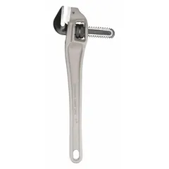 This offset pipe wrench features serrated jaws for gripping round pipes and fittings. The I-beam handle provides strength while the offset design allows access in confined spaces. Jaw capacity is 2 inches, overall length is 14 inches.