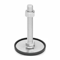This non-skid male leveling mount features a swiveling stud with 1/2"-13 thread size and a round plain-finished base. It includes a Buna-N thrust pad and rubber pad for vibration dampening and slip resistance. With a load capacity of 2,698 lbf and 11/16 in hex size, it is used for leveling and stabilizing machinery on uneven floors