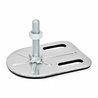 This non-skid male leveling mount features a 1/2"-13 threaded stud, rectangular base width of 3-3/20 in, and load capacity of 2,698 lbf. It includes a rubber pad, mounting holes, and a Buna-N thrust pad with 11/16 in hex size. Used for leveling and vibration dampening of machinery, conveyors, and workstations on uneven floors