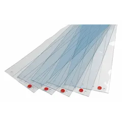 These replacement strips are made of clear PVC with a reinforced/smooth finish, rated for a minimum operating temperature of -20°F. Each strip is 6 inches wide, and the pack contains 5 strips. They are used as door or partition curtains in cold storage, freezers, and industrial facilities to reduce energy loss and maintain temperature control.