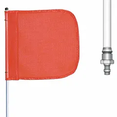Orange blank warning whip with 8 ft overall height, 11 in flag height, 12 in flag width, and 99 1/4 in whip length. Features a quick disconnect base and is non-reflective. Used to increase visibility of vehicles in industrial, construction, and agricultural settings.