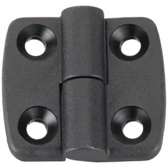 Right-hand captive lift-off hinge made of black polyamide, designed for 25 Series structural framing with 6 mm slot width. Features a 6.6 mm mounting hole. Used in industrial enclosures and machine guarding for quick panel removal without tools.