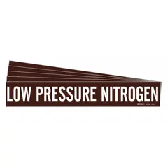 Adhesive pipe marker with brown background and white legend reading 'Low Pressure Nitrogen' without arrows. Fits pipe outer diameters from 2-1/2 to 7-7/8 inches. Pack of 5. Used for identifying low pressure nitrogen lines in industrial piping systems.
