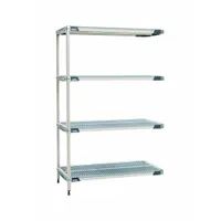 This shelving unit features a 304 stainless steel frame with four polymer shelves, each 18 x 24 inches, and an overall height of 62 inches. The polymer shelves provide antimicrobial resistance, making the unit suitable for use in harsh environments where sanitation is a concern