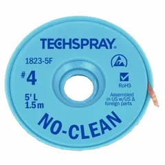 TECHSPRAY desoldering braid with no-clean flux for removing excess solder from electronic assemblies. Size #4, 0.098 in width, 5 ft length. Blue color, ESD-safe construction. Used in PCB rework and repair.