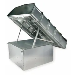 This roof vent hood is constructed from galvanized steel and features a hinged design for easy access during maintenance. It is used to exhaust air from industrial or commercial buildings while protecting the vent opening from weather. The hood measures 78 inches in length and 72 inches in width, and is intended for use with a roof curb.
