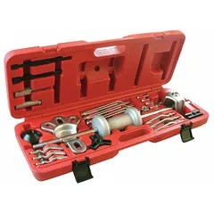 This slide hammer jaw puller set is designed for internal pulling applications such as removing press-fit components from front hubs. It features a convertible 2- and 3-jaw configuration and a 5 lb sliding weight to deliver controlled impact force. The set includes a 16/25 in diameter rod and a jaw spread range of 1 1/2 in to 1 1/2 in.
