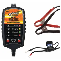 This handheld portable charger is designed for wet-cell batteries, providing 2 A charging current at 12V and 2 A maintaining current at 6V. It features automatic smart operation to prevent overcharging and includes an 8 ft cable. Suitable for charging and maintaining batteries in vehicles and equipment.
