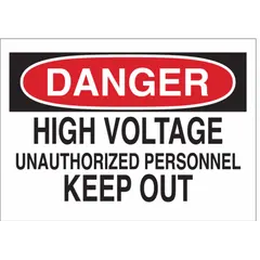 This adhesive-mounted polyester sign measures 3 1/2 inches by 5 inches and is not retroreflective. It is designed for indoor use to warn personnel of high voltage hazards and restrict unauthorized access. The sign is applied to equipment, panels, or doors in industrial settings.