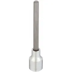 This hex bit socket features a fixed insert design with an 8 mm hex tip and 1/2-inch drive. Overall length is 5 1/4 inches. Suitable for driving hex-head fasteners in maintenance, assembly, and repair tasks.