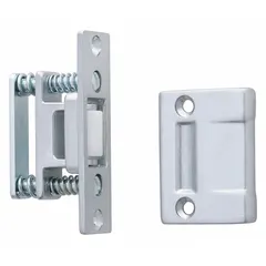 Brass roller-type grab catch with pull opening action. Height 3/8 in, width 3/4 in. Used for cabinet latch applications where a corrosion-resistant brass finish is desired.