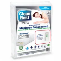 This queen-size mattress encasement measures 80 inches in length and 60 inches in width, with a polyurethane cover and a polyester-blend pad. It accommodates bed heights up to 18 inches and has a fabric weight of 3.39 oz. Suitable for protecting mattresses and box springs in hospitality, healthcare, and residential settings