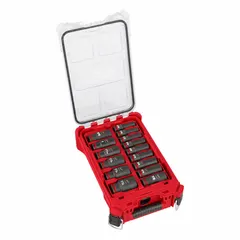 This 15-piece socket set includes 1/2 in drive SAE deep sockets ranging from 3/8 in to 1-1/2 in, featuring a 6-point design for secure engagement on hex fasteners. The sockets incorporate a friction retention mechanism to hold fasteners during use. Suitable for heavy-duty impact applications in automotive, industrial, and construction settings.