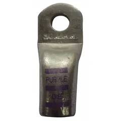 Straight tin-plated copper lug for terminating 2/0 ga wire to a 3/8 in stud. Supports crimp or solder termination. Color-coded orange for gauge identification. Used in battery connections and power distribution.