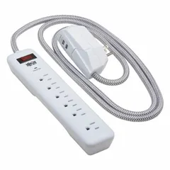 General purpose surge protector with 7 outlets, 6 ft cord, 900 J rated energy, and 15 A current. Complies with UL 1363 and UL 1449 standards. Keyhole mounting style for secure attachment to walls or desks. Suitable for protecting electronics in home offices, workstations, and similar environments.