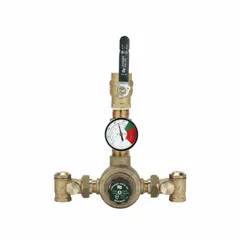 Thermostatic mixing valve for point-of-source applications, blending hot and cold water to a set outlet temperature. Includes check-stops with strainer. Outlet connection size: 1 1/4 in. Suitable for commercial and institutional facilities requiring precise water temperature control.