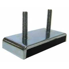 This block ceramic magnet with a holding style measures 2 3/8 in long, 1 1/8 in wide, and 0.375 in thick, providing a maximum pull force of 13.4 lbf. It is used for securing ferrous parts in industrial fixturing, workholding, and material handling applications.
