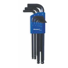 This L-shaped hex key set includes 9 metric sizes with a single ball end for angled access. The long keys are black oxide finished and come in an organizer. Suitable for tightening or loosening hex socket screws in confined spaces.