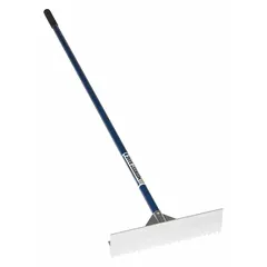 This road and asphalt rake features an aluminum head and a straight aluminum handle measuring 66 inches. It is used for spreading, leveling, and smoothing hot asphalt in paving and patching applications.