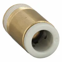 Push-to-connect adapter fitting for 6 mm OD tubing to 1/8" BSPT male thread. Brass construction with white finish. Enables tool-free connection in pneumatic systems for air-line applications