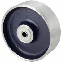This steel tread wheel has a 6 in diameter and 2 in width, with a roller bearing and a load rating of 1,800 lb. The blue wheel is suitable for heavy-duty material handling carts, platform trucks, and tow-line systems. A spanner bushing is not included
