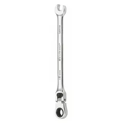 Alloy steel construction with a chrome finish. Features a 16 mm 12-point ratcheting box end and an open end. Overall length of 9 1/2 inches. Used for tightening and loosening fasteners in assembly and maintenance tasks.
