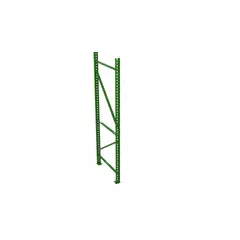 This steel upright frame is 12 ft overall height and 36 in depth, featuring a 3 in x 1-5/8 in post. The teardrop design allows adjustable beam placement for building pallet racking systems in warehouses and distribution centers. Color is green.