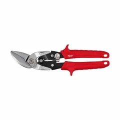 Left-cutting aviation snips with a 10-inch overall length and 1-1/2-inch cutting length. Constructed with steel blades and TPR handles for comfort and control. Designed for cutting thin metal, commonly used in HVAC, sheet metal fabrication, and automotive repair for making left-hand curves and straight cuts.