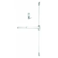 Surface-mounted vertical rod exit device with Touchbar and Dummy Pull configuration. Constructed of aluminum. Suitable for use on doors up to 3 ft wide where code-compliant emergency egress is required
