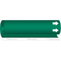 This blank wrap-around pipe marker features a green background with white legend text and includes arrows for indicating flow direction. It fits pipe outer diameters from 2-1/2 to 7-7/8 inches. Used for identifying pipe contents and flow direction in industrial piping systems.