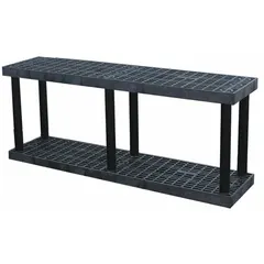 This fixed press-fit stationary shelving unit features a plastic frame and high-density polyethylene shelves, providing corrosion resistance for storage in environments where moisture or chemical exposure is a concern. The unit measures 66 inches wide by 16 inches deep with an overall height of 27 inches and includes two shelves. Suitable for industrial storage applications requiring durable, non-corrosive shelving.