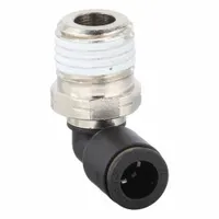 This nylon and nickel-plated brass elbow fitting connects 1/4 in OD tubing to 1/4 in male NPT threads via push-to-connect technology. Suitable for pneumatic and fluid handling systems in industrial machinery, automation, and instrumentation. Sold in a 10-pack