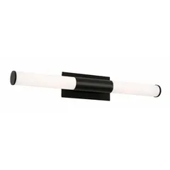 Wall-mounted integrated LED vanity light in black finish. Provides 2,900–3,800 lumens at 3000K warm white, consumes 35W, and is dimmable. Operates on 120V AC. Measures 36 1/4 in long by 4 in wide. Suitable for bathroom and vanity area lighting.
